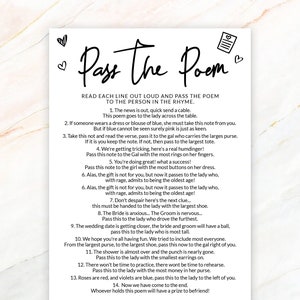 Pass the Poem Bridal Shower Game Printable Wedding Shower - Etsy