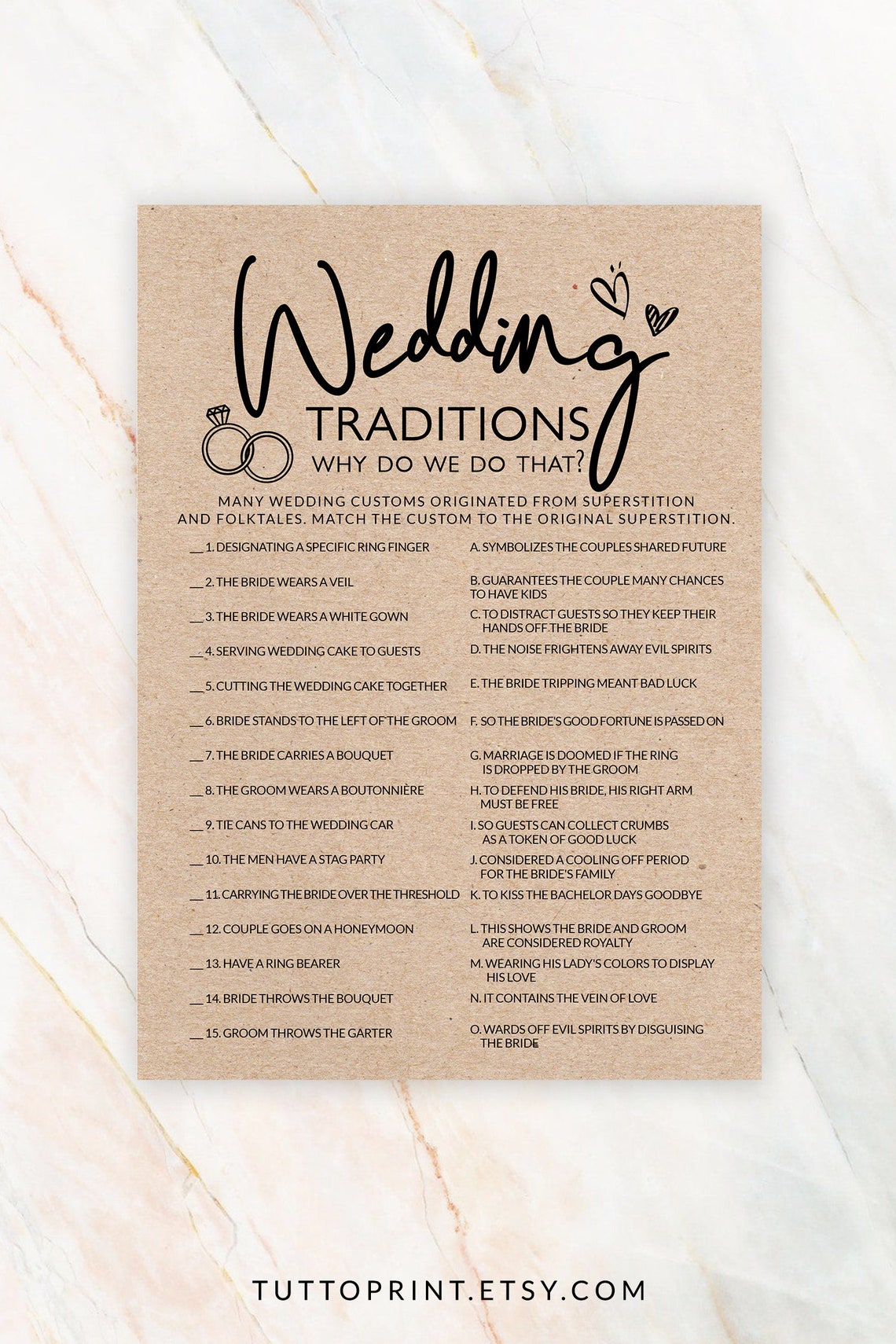 Wedding Traditions Bridal Shower Game Wedding Traditions Etsy