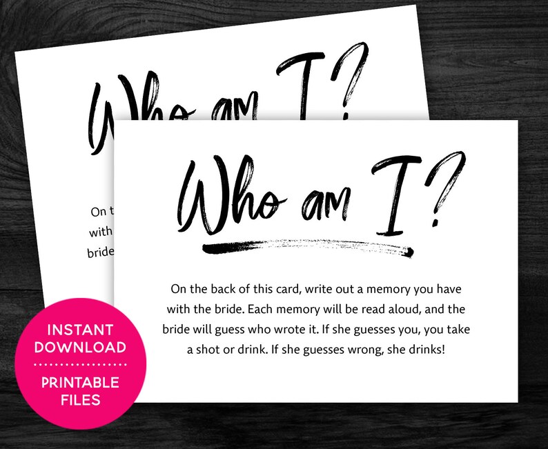 Who Am I Bridal Shower Drinking Game Bachelorette Party Etsy