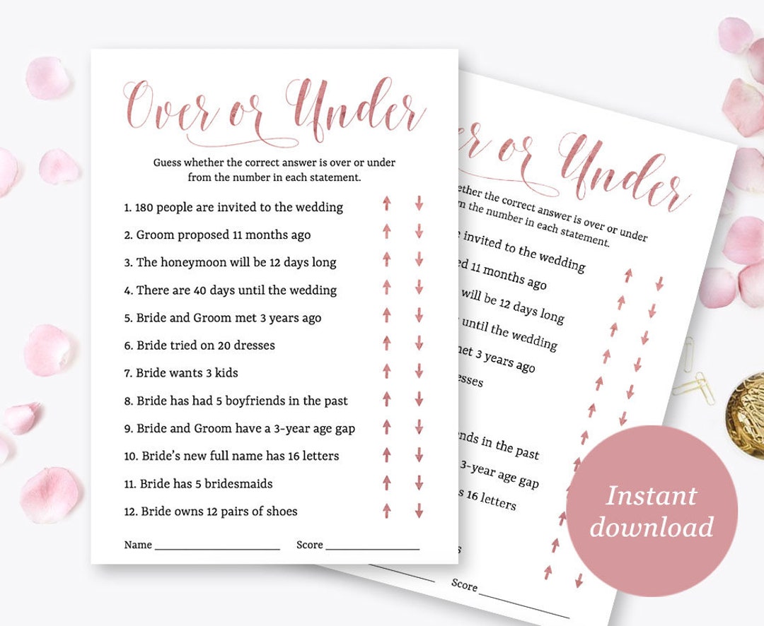 Over or Under Bridal Shower Game Printable Shower Game Card - Etsy