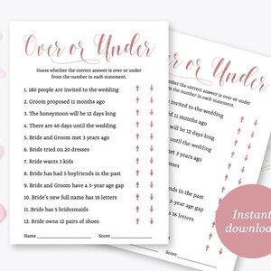 Over or Under Bridal Shower Game Printable Shower Game Card - Etsy