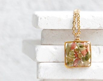 unakite gemstone crystal square resin necklace - earth tones green druzy natural gemstone chips jewelry - geometric minimalist pendant