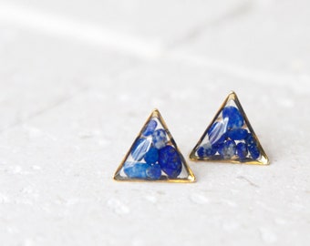 lapis lazuli crystal triangle resin earrings - blue druzy natural gemstone chip jewelry -geometric minimalist studs - september birthstone
