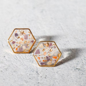 sparkling seashell and gold leaf terrazzo earrings geometric jewelry hexagon sea shell chips mosaic minimalist resin jewelry image 1