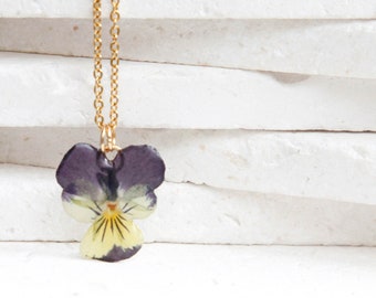 real flower yellow and purple pansy resin necklace - botanical floral jewelry - boho preserved terrarium pressed flower pendant gift for her