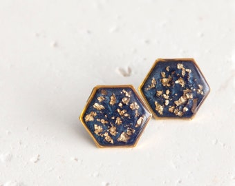 gold flake resin navy blue hexagon earrings - pearlescent sparkling statement earrings - geometric jewelry - gold leaf resin jewelry -