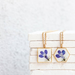 real flower lobelia blue white resin necklace pressed flower geometric hexagon square jewelry blue flower botanical preserved minimalist image 1