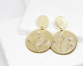 real flower baby's breath resin and brass large circle dangle earrings - boho hippie botanical floral statement jewelry - preserved pressed