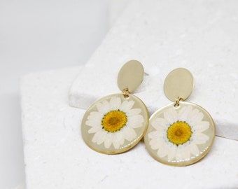 real flower daisy resin and brass large circle dangle earrings - boho hippie botanical floral statement jewelry - preserved pressed flower