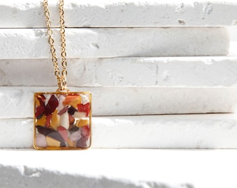 mookaite jasper gemstone crystal square resin necklace - earth tones brown druzy natural gemstone chip jewelry  geometric minimalist pendant