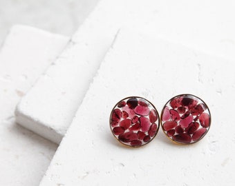 garnet crystal round resin earrings - dark red druzy natural gemstone chips jewelry - geometric minimalist studs - january birthstone