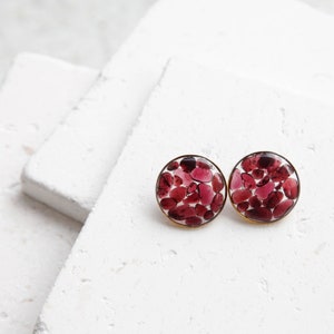 garnet crystal round resin earrings dark red druzy natural gemstone chips jewelry geometric minimalist studs january birthstone image 1