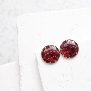 garnet crystal round resin earrings dark red druzy natural gemstone chips jewelry geometric minimalist studs january birthstone image 2