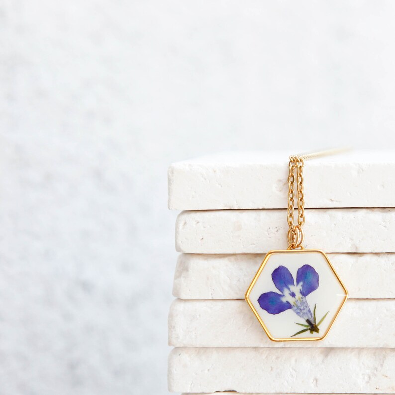 real flower lobelia blue white resin necklace pressed flower geometric hexagon square jewelry blue flower botanical preserved minimalist image 3