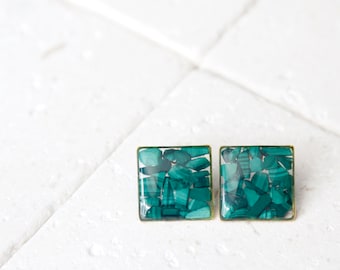 malachite crystal square resin earrings - green druzy natural gemstone chip jewelry -geometric minimalist studs - taurus birthstone