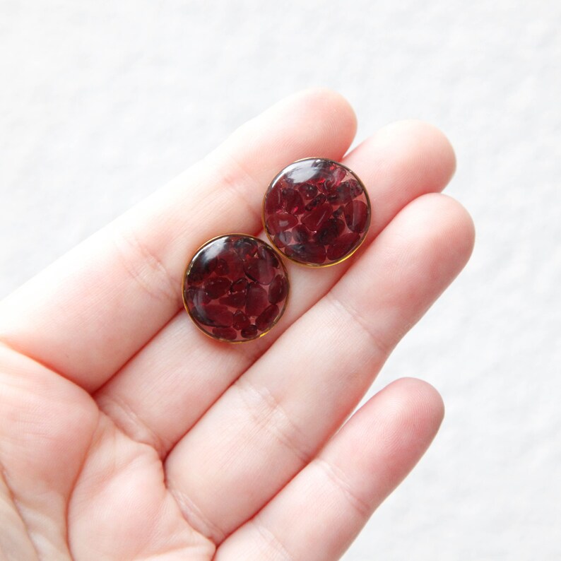 garnet crystal round resin earrings dark red druzy natural gemstone chips jewelry geometric minimalist studs january birthstone image 5