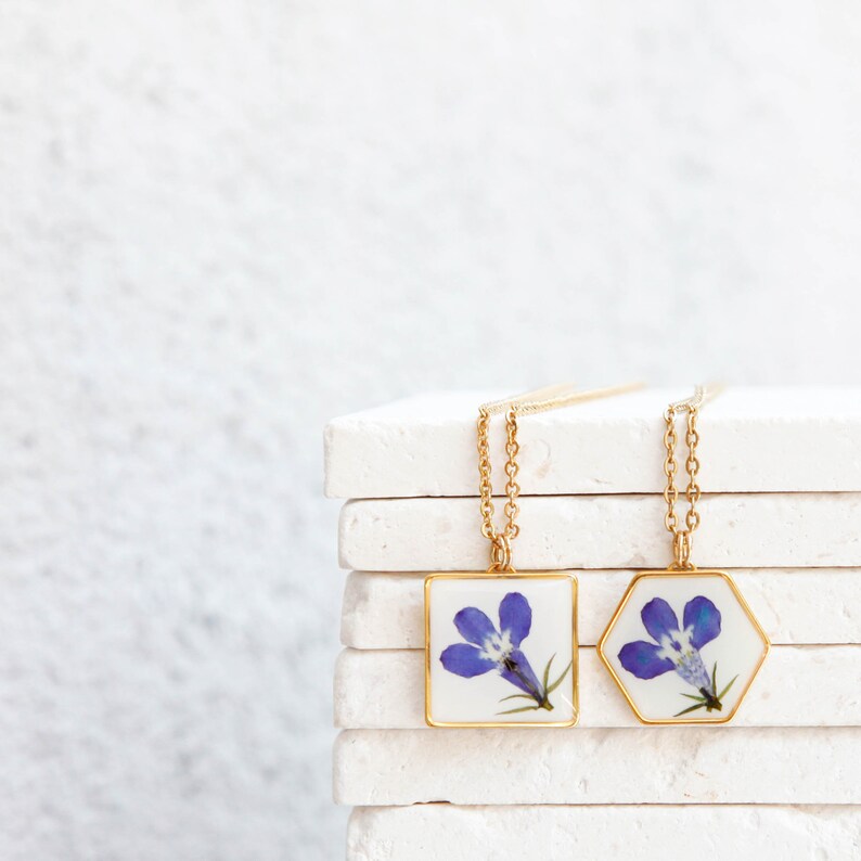 real flower lobelia blue white resin necklace pressed flower geometric hexagon square jewelry blue flower botanical preserved minimalist image 1