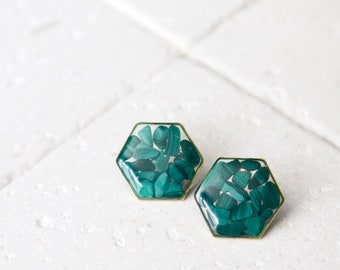 malachite crystal hexagon resin earrings - green druzy natural gemstone chip jewelry -geometric minimalist studs - taurus birthstone