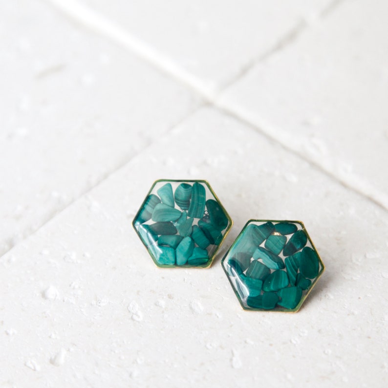 malachite crystal hexagon resin earrings green druzy natural gemstone chip jewelry geometric minimalist studs taurus birthstone image 1