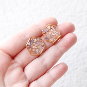 sparkling seashell and gold leaf terrazzo earrings geometric jewelry hexagon sea shell chips mosaic minimalist resin jewelry image 4