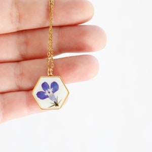 real flower lobelia blue white resin necklace pressed flower geometric hexagon square jewelry blue flower botanical preserved minimalist image 5