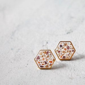 sparkling seashell and gold leaf terrazzo earrings geometric jewelry hexagon sea shell chips mosaic minimalist resin jewelry image 5