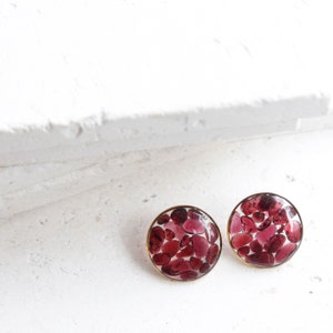 garnet crystal round resin earrings dark red druzy natural gemstone chips jewelry geometric minimalist studs january birthstone image 3