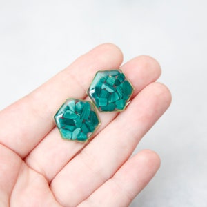 malachite crystal hexagon resin earrings green druzy natural gemstone chip jewelry geometric minimalist studs taurus birthstone image 2