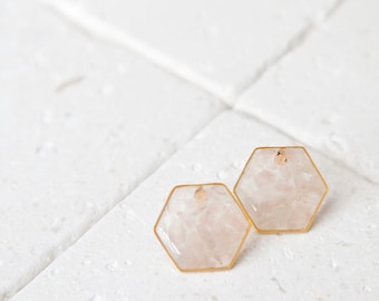 rose quartz crystal hexagon resin earrings - pink druzy natural gemstone chip jewelry -geometric minimalist studs - january birthstone