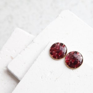 garnet crystal round resin earrings dark red druzy natural gemstone chips jewelry geometric minimalist studs january birthstone image 4