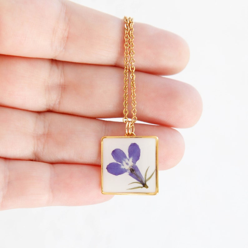 real flower lobelia blue white resin necklace pressed flower geometric hexagon square jewelry blue flower botanical preserved minimalist image 6