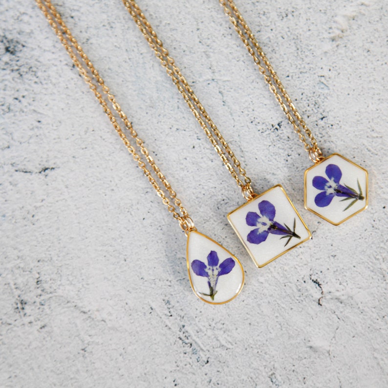 real flower lobelia blue white resin necklace pressed flower geometric hexagon square jewelry blue flower botanical preserved minimalist image 8