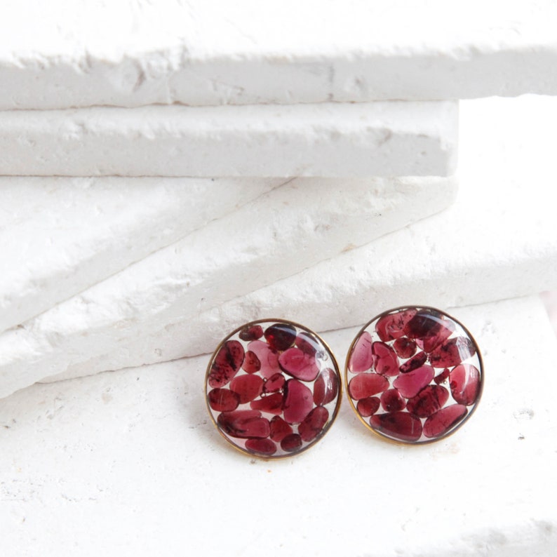 garnet crystal round resin earrings dark red druzy natural gemstone chips jewelry geometric minimalist studs january birthstone image 6