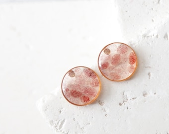 strawberry quartz crystal round resin earrings - pink red druzy natural gemstone chip jewelry -geometric minimalist studs - libra birthstone