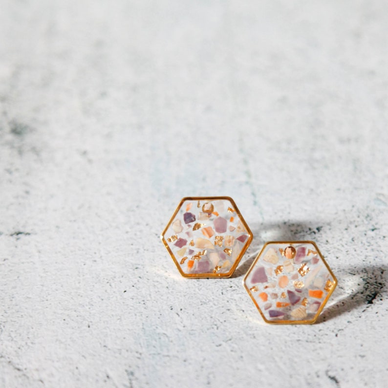 sparkling seashell and gold leaf terrazzo earrings geometric jewelry hexagon sea shell chips mosaic minimalist resin jewelry image 3