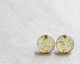 olivine peridot crystal round resin earrings - green druzy natural gemstone chips jewelry - geometric minimalist studs - august birthstone