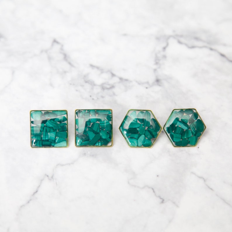 malachite crystal hexagon resin earrings green druzy natural gemstone chip jewelry geometric minimalist studs taurus birthstone image 4