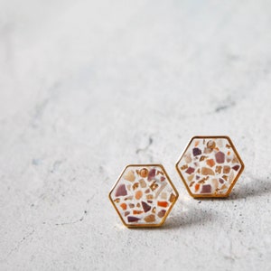 sparkling seashell and gold leaf terrazzo earrings geometric jewelry hexagon sea shell chips mosaic minimalist resin jewelry image 2