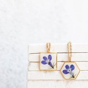 real flower lobelia blue white resin necklace pressed flower geometric hexagon square jewelry blue flower botanical preserved minimalist image 2