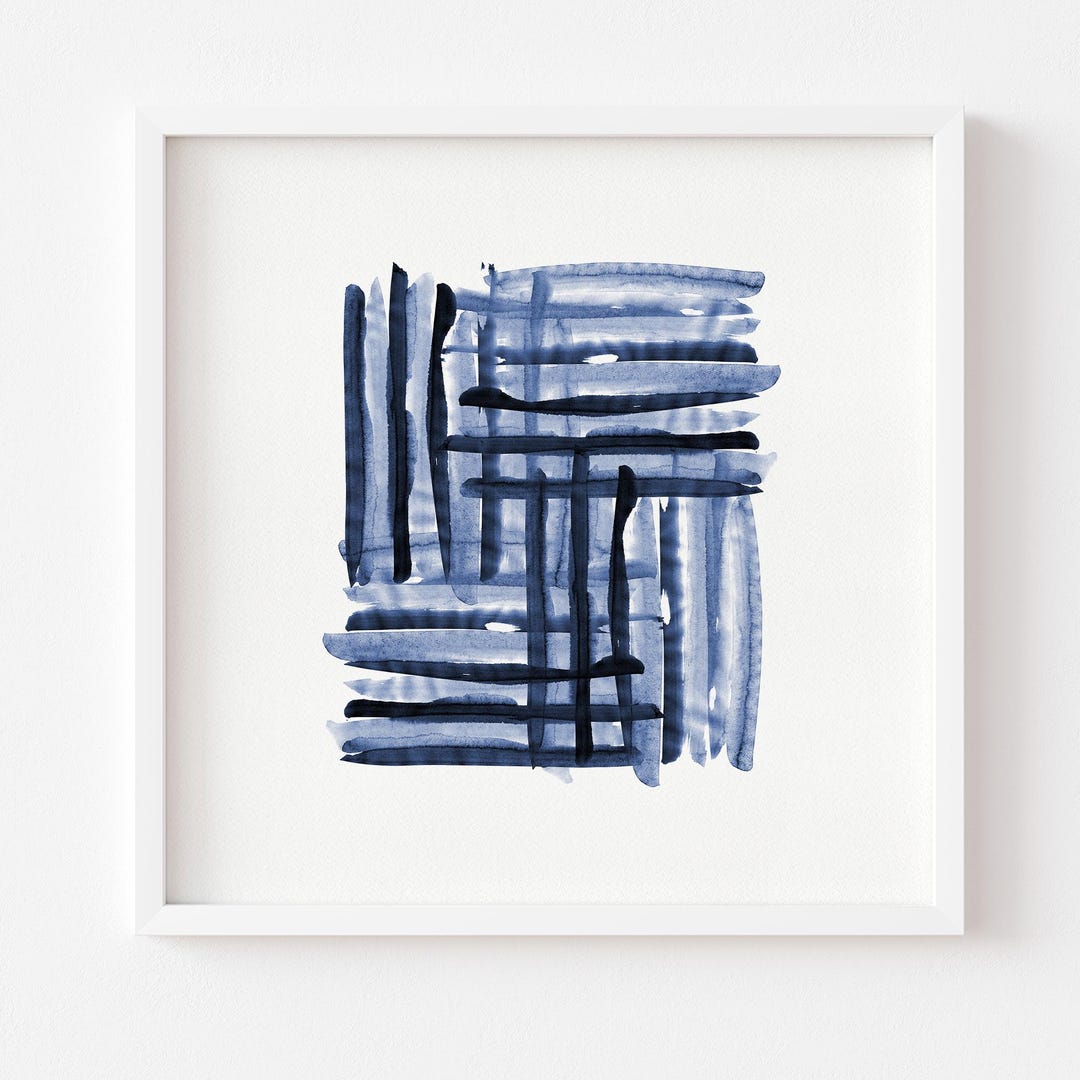 Navy Blue Layered Abstract Wall Art – Minimalist Watercolor Brushstroke ...
