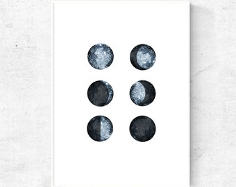 Moon phase art, 11x14, 8x10, 5x7, 4x6 prints, downloadable art, abstract watercolor, blue moon art, printable art, wall art minimalist