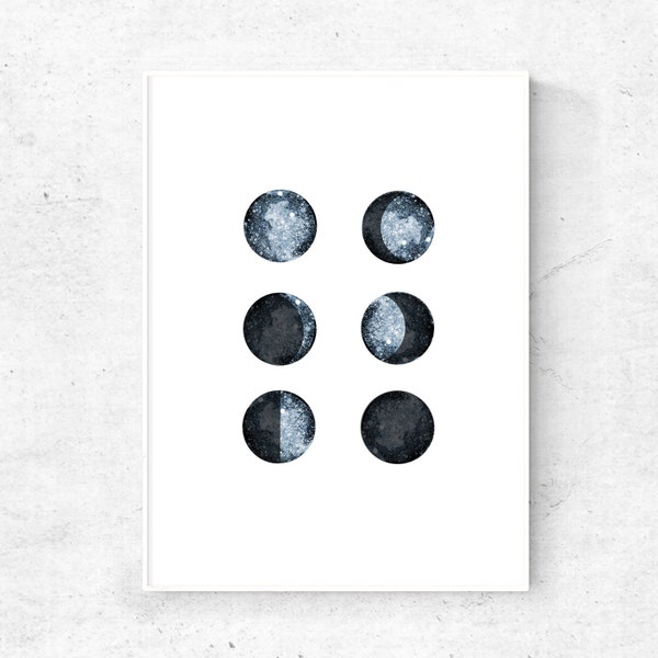 Moon phase art, 11x14, 8x10, 5x7, 4x6 prints, downloadable art, abstract watercolor, blue moon art, printable art, wall art minimalist