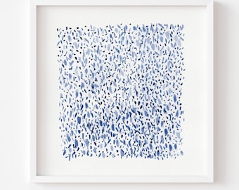 May include: Abstract art print in a white frame. The artwork features a square composition filled with blue and black brushstrokes on a white background. The print is unframed.