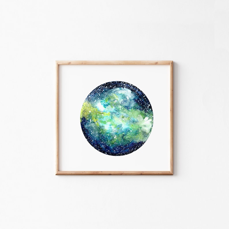 Printable Galaxy art print, galaxy art painting for download, galaxy watercolor painting, galaxy wall art, green blue art, 12x12 art print image 4