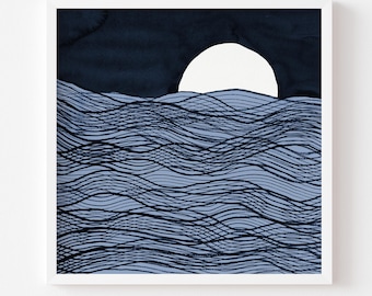 May include: Abstract art print featuring a white sun rising over blue waves. The waves are depicted with black lines, and the sky is a dark blue watercolor wash. The print is in a white frame. The text at the bottom says "Print comes Unframed (no frame or matt included)".