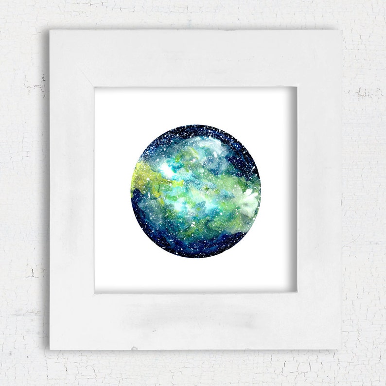 Printable Galaxy art print, galaxy art painting for download, galaxy watercolor painting, galaxy wall art, green blue art, 12x12 art print image 5