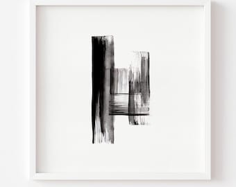 May include: A square white frame containing an abstract artwork with black and gray ink brushstrokes. The composition features a long vertical stroke on the left and a shorter, layered rectangular block of horizontal and vertical lines on the right.