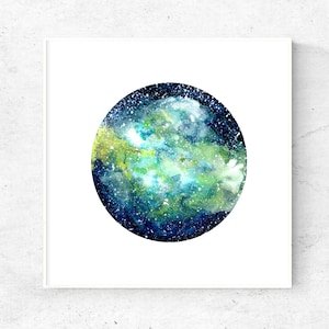 Printable Galaxy art print, galaxy art painting for download, galaxy watercolor painting, galaxy wall art, green blue art, 12x12 art print image 1