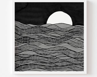 May include: A square art print featuring a black and white graphic illustration of a large white moon rising over a sea of layered, wavy black lines on a gray background. The text at the bottom reads: ** Print comes Unframed (no frame or matt included) **.