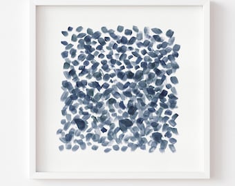 May include: Abstract art print featuring a square composition of navy blue brushstrokes on a white background, framed in a white square frame. The artwork is a modern piece, suitable for home decor. The text at the bottom reads: "Print comes Unframed (no frame or matt included)"